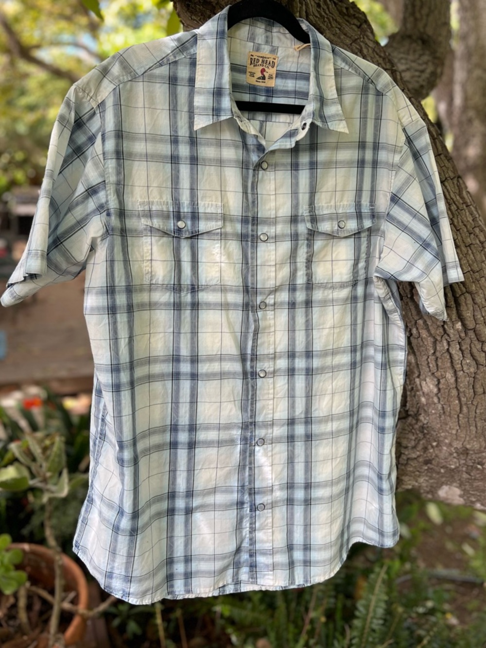 RedHead Light Blue and White Plaid Short Sleeve Button-Up Shirt